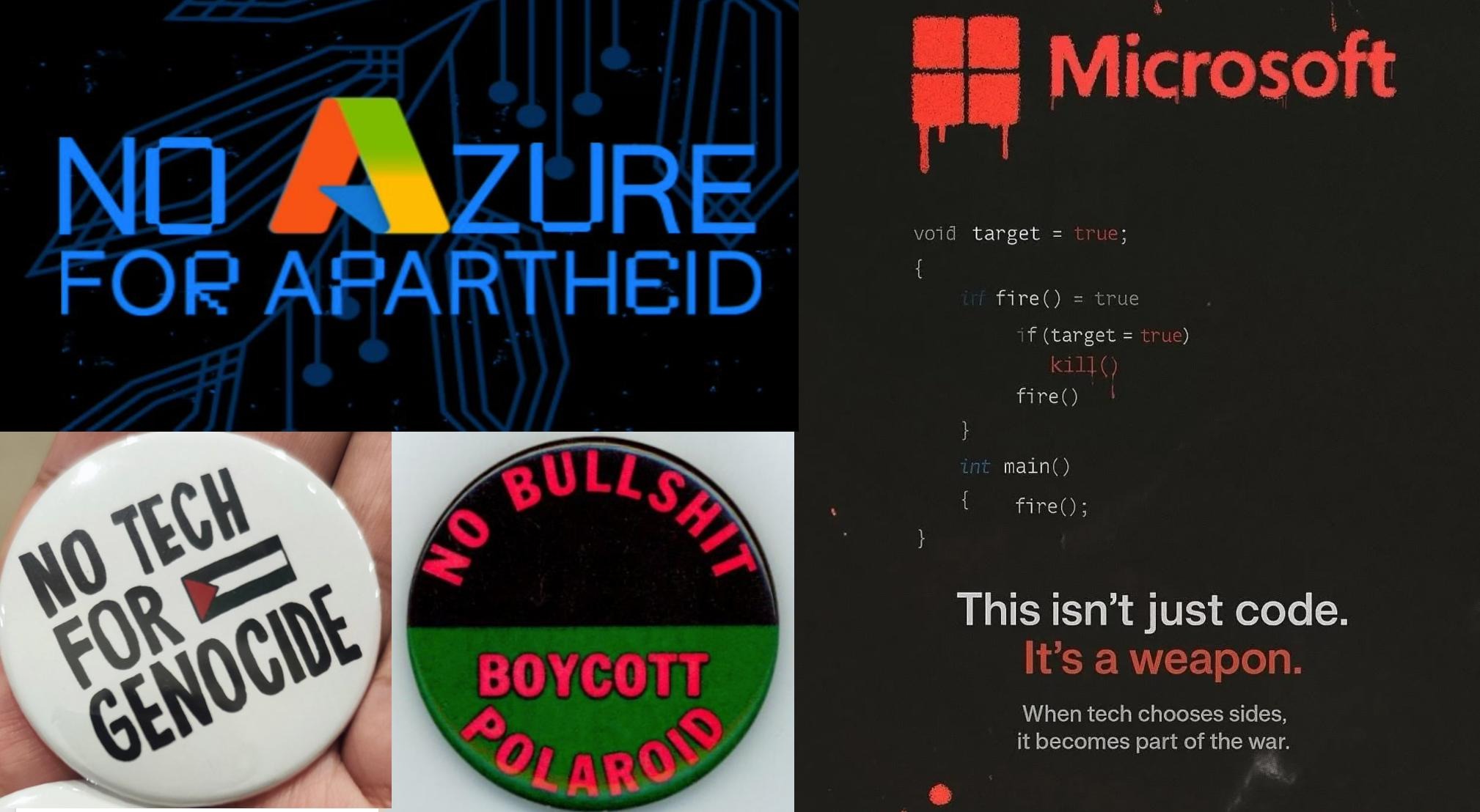 a collage of resistant images from microsoft boycott campaigns, features two pin badges and source code