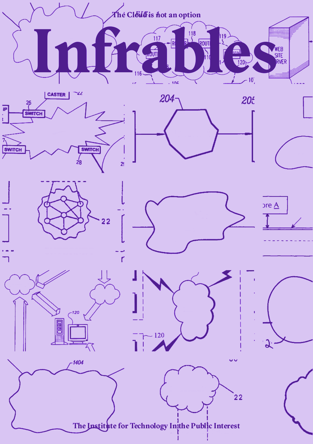 A lilac cover, reading: Infrables. The background has a pattern of various drawings of "The Internet" as "Cloud"