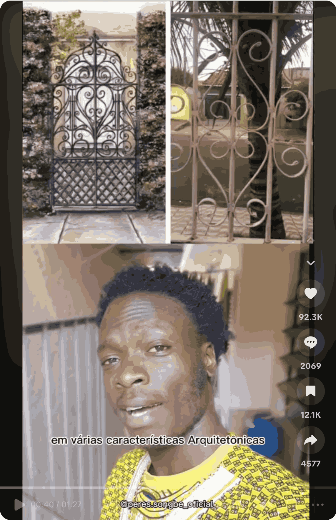 Its a screenshot from the Video I write about. Songbe is at the bottom half of the picture wearing a printed yellow shirt from west african tradition. The subtitles say" em varias caracteristicas arquitectonicas". On the top half there is two images of the metal gates he mentions, and that I have seen all over my routes in europe. The quality of the Image is worse than the original screenshot.