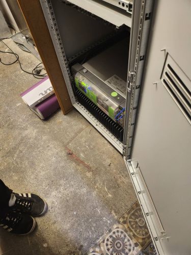 Brussels, October 2024. Visit to the cellars of Maison de la Paix, where local internet provider Domaine Public experiments with setting up a local data center running on solar panels and using a salt battery. Celo and Denis speak about the motivations for the project and mix their desire for energy autonomy with a need for keeping digital infrastructure close at hand and on a reasonable scale.