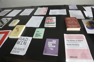 Books and pamphlets displayed in the room