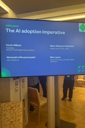 Paris, February 2025. A screen at the Grand Palais announces a panel organized by Amazon WebServices (AWS) with the title "The AI imperative". At the AI Action summit, AWS assumes AI is evident. The summit is full of infra-solutionism: bringing digital infrastructures to any problem to solve it. It goes from proposing that AI will be the way to deal with climate change by optimising existing processes or use of resources; to somehow making the processes of work or mobility more lean. Image taken by Seda, who later said about the AI summit: "it felt like massive gaslighting. Governments pushed and willing to undo decades of regulation and energy policy, and for adopting an AI imperative at all costs."