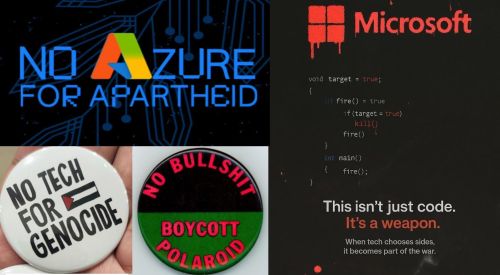 a collage of resistant images from microsoft boycott campaigns, features two pin badges and source code