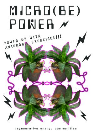 Micro(be) Power zine cover, with the subtitle "power up with anaerobic exercises!". An image of a plant is repeated four times in a psychadelic pattern, with unicode lightning bolts spotted around.