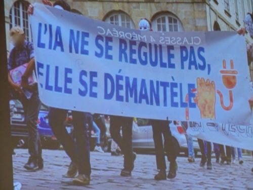 Paris, February 2025. At the Anti-Ai summit, this image was shared by the organisers. "AI is not to be regulated, it is to be dismantled". Unplug baby unplug? But unplug what? Somehow, even resistance seems to become a form of infra-solutionism. I feel this is what depletion of the imaginary feels like, when the only way out seems to be disconnection. How can we intervene in a world that relies on a level of digitisation and service, that we can simply not afford? Digital degrowth is only part of the answer; many of our modes of life (education, economies, mobilities) have become dependent on those digital infrastructures.